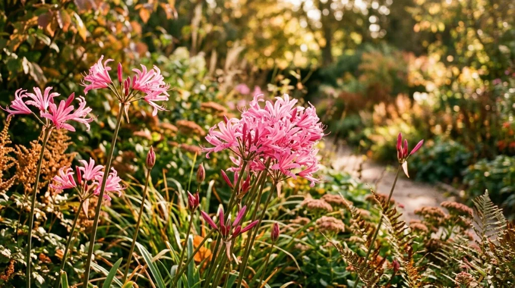 Kvetoucí růžová Nerine bowdenii v podzimní zahradě