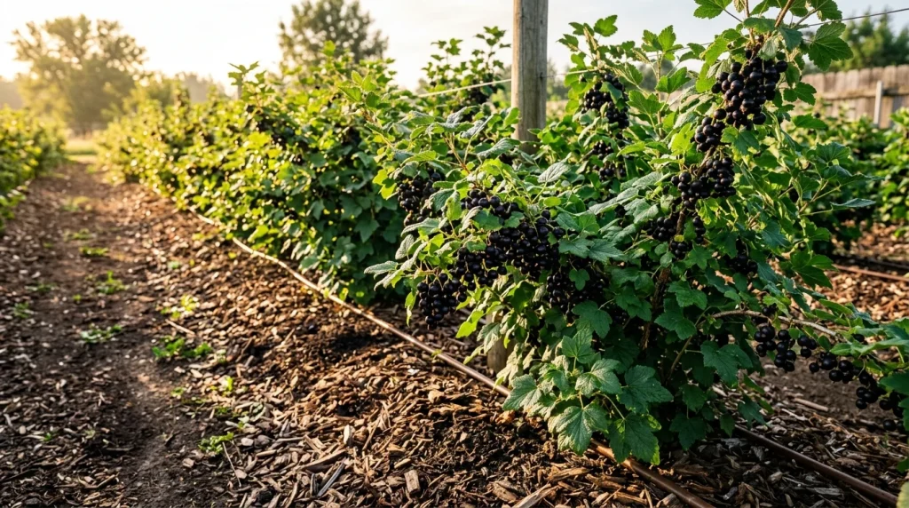 Jostový sad: Jak pěstovat jostu, založení sadu, řez a bohatá sklizeň 1 Jostový sad s keři plnými zralých tmavých plodů josty