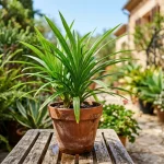 Pandanus amaryllifolius: Pěstování a využití pandánu na zahradě i v kuchyni Pandanus amaryllifolius v terakotovém květináči na zahradní terase