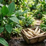Rostlina arrowroot maranta třtinová s čerstvě sklizenými bílými oddenky